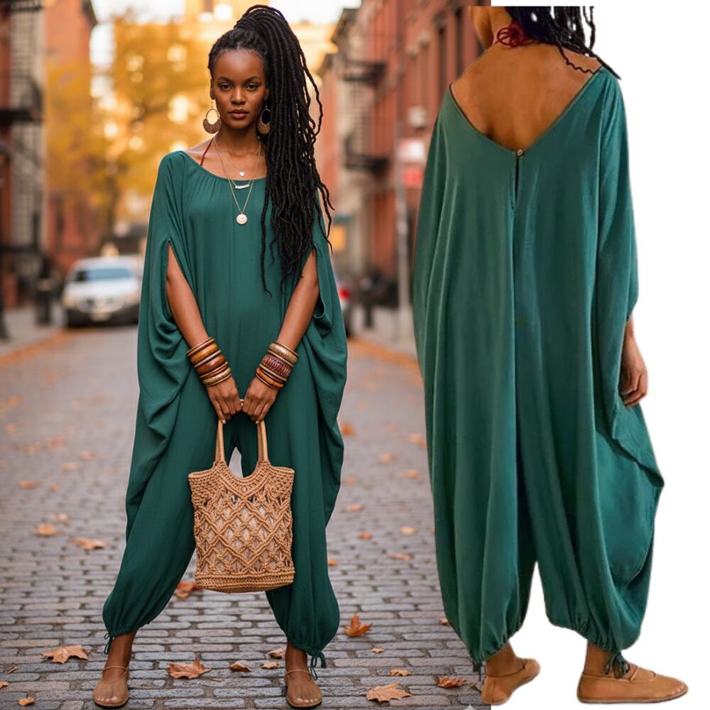 NEW Free People Milo One-Piece Jumpsuit Hunter Green XS Linen Billow Boho Roomy